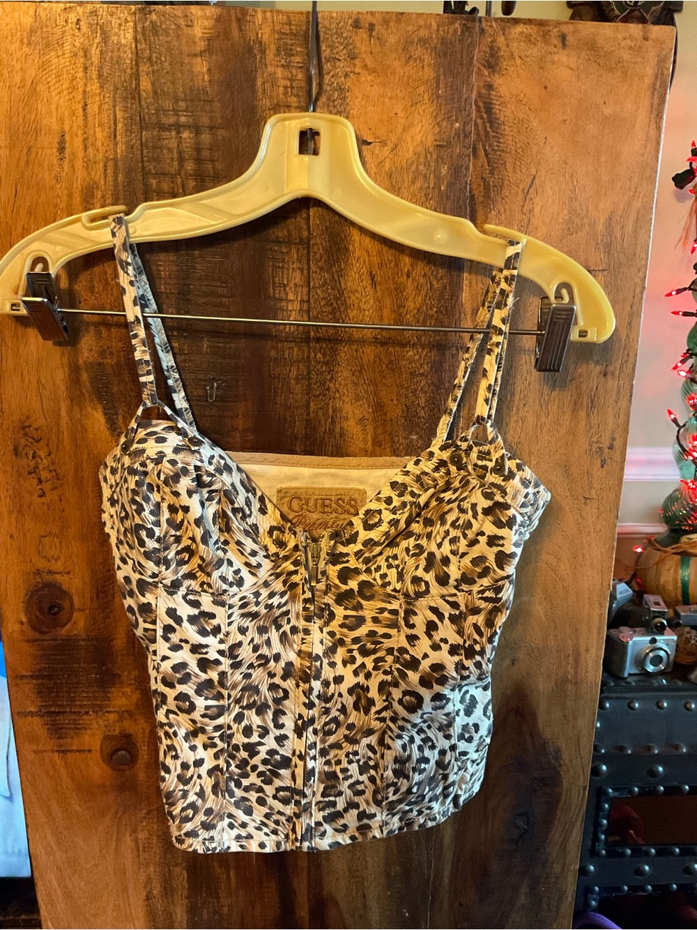 Guess Leopard-Print Zip Bustier Top in Beige and Black